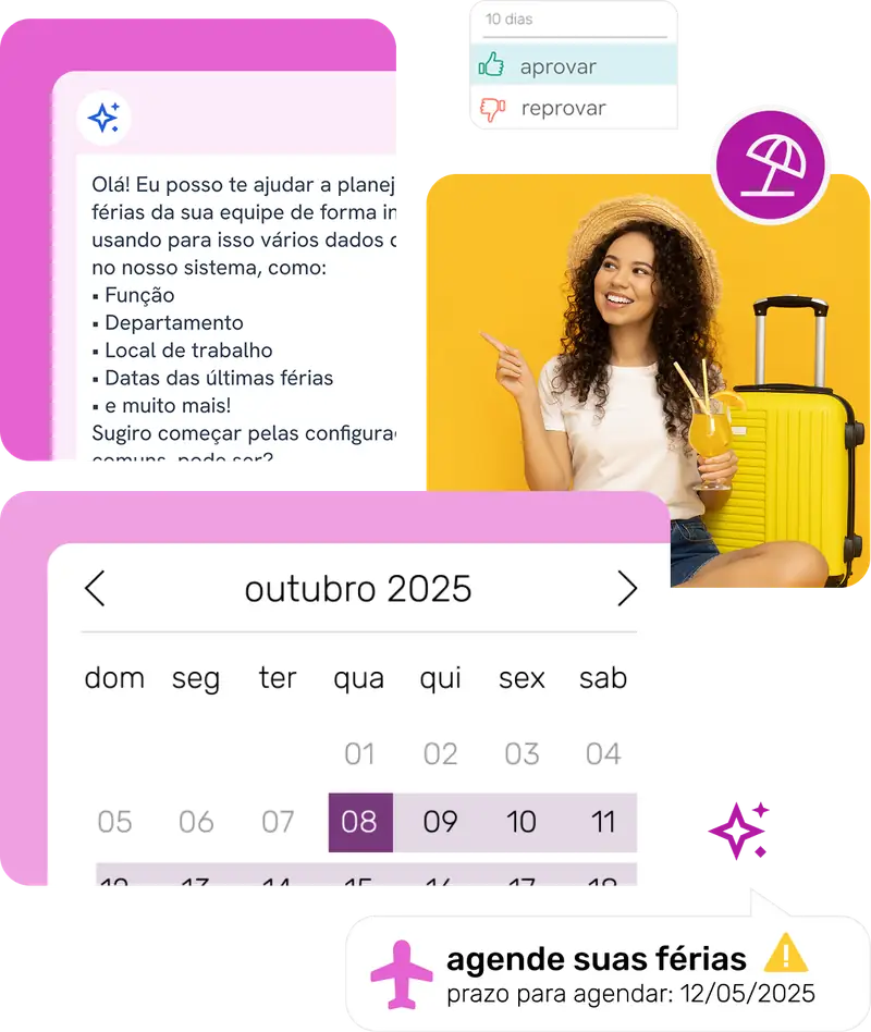 Pontotel screen showing a vacation request, calendar, and an employee approved for time off