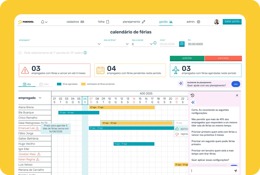 Pontotel vacation calendar dashboard showing team members and planned dates