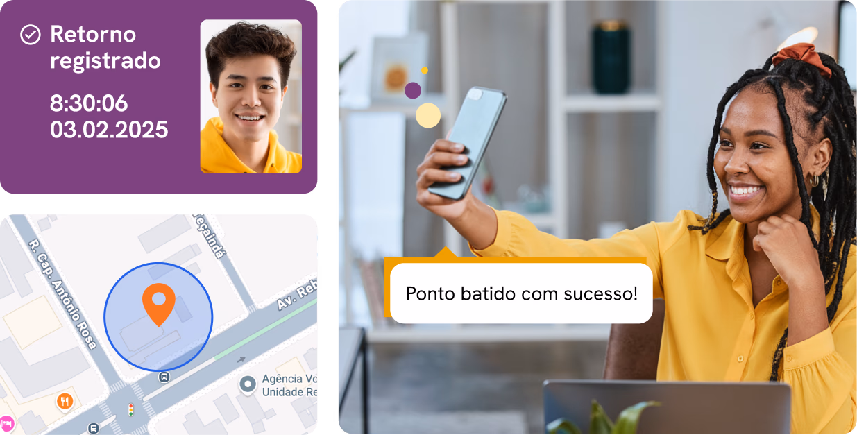 Mulher sorrindo usando aplicativo Pontotel no celular em escritório.
