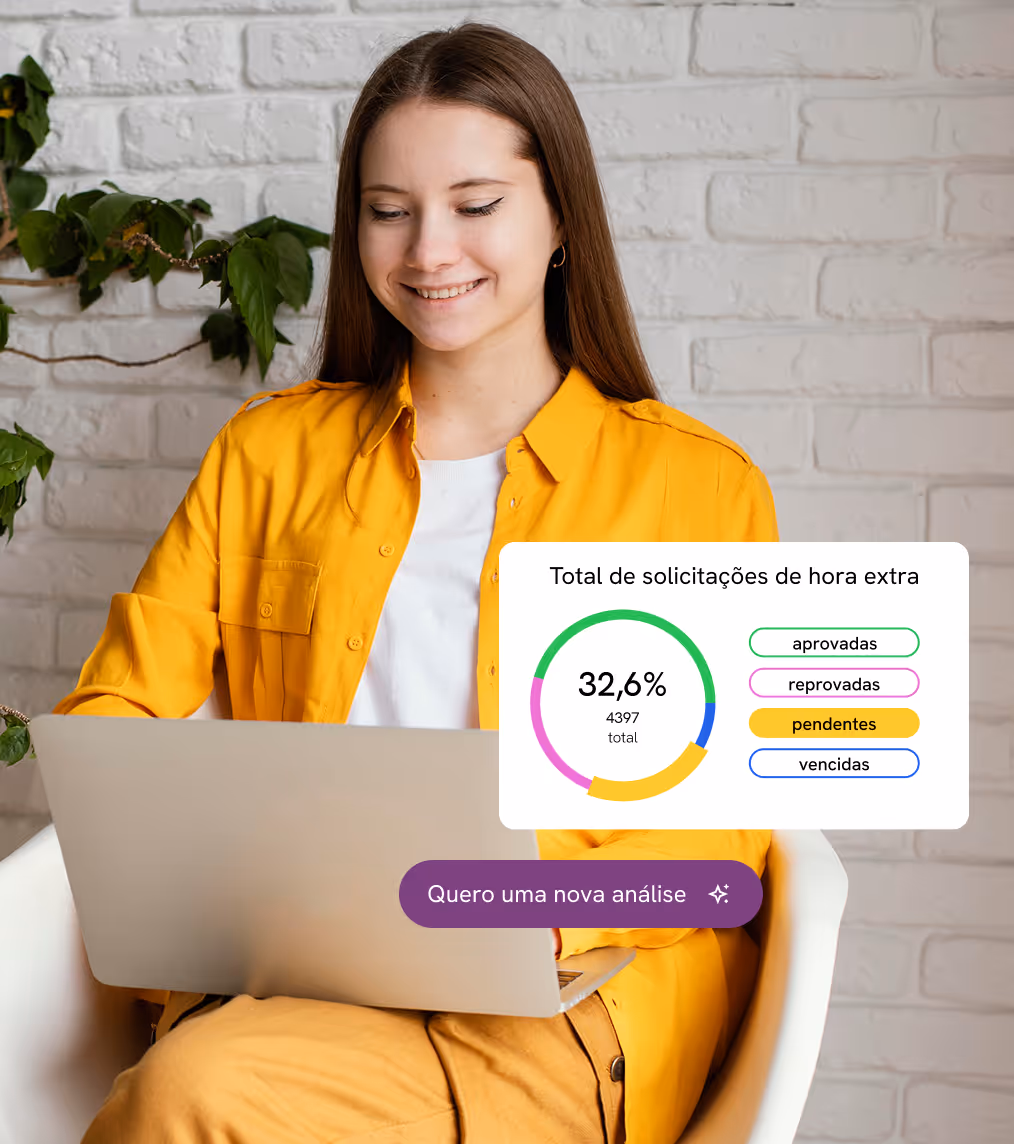 Woman using a laptop with an overtime request chart on screen.
