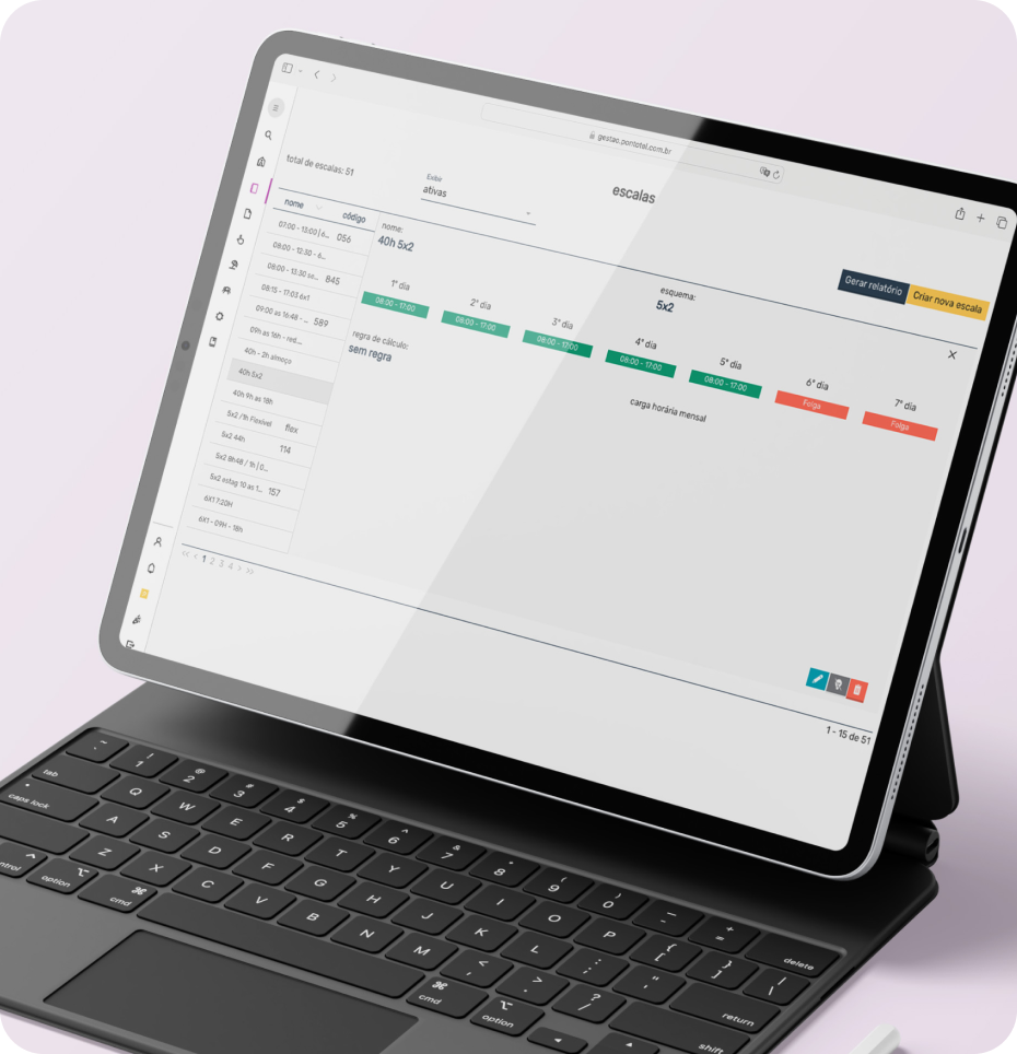 Tablet mostrando a tela de gestão de escalas de trabalho do sistema Pontotel