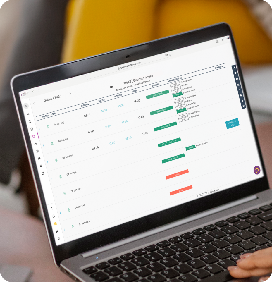 Notebook mostrando a tela de fechamento de jornada e apontamentos do sistema Pontotel