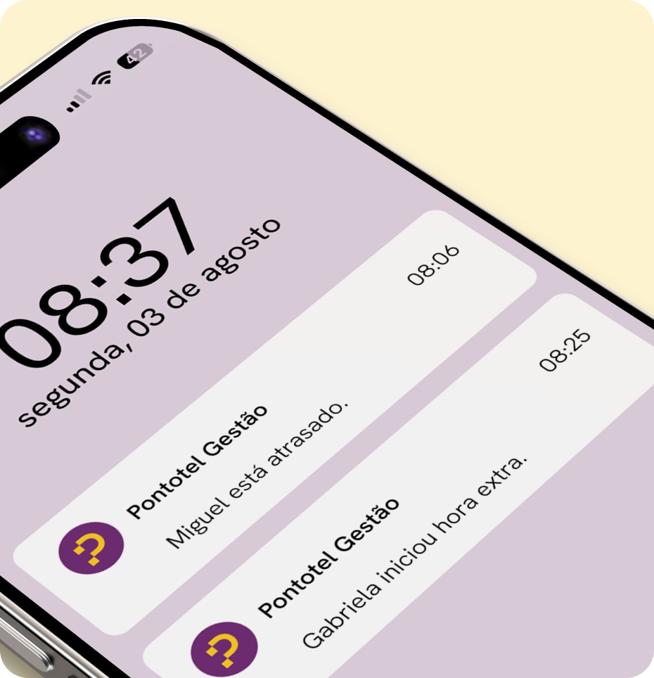 Celular mostrando notificações de atraso e início de hora extra do sistema Pontotel