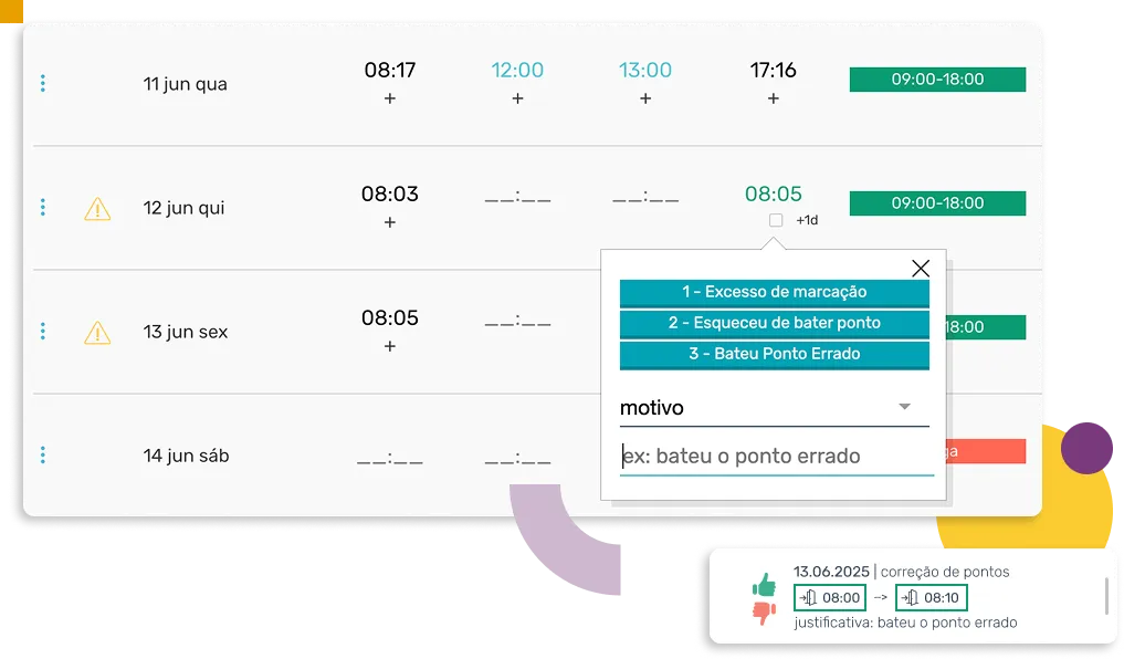 Tela com registros de ponto realizados segmentados por semana e informações sobre cada ponto.