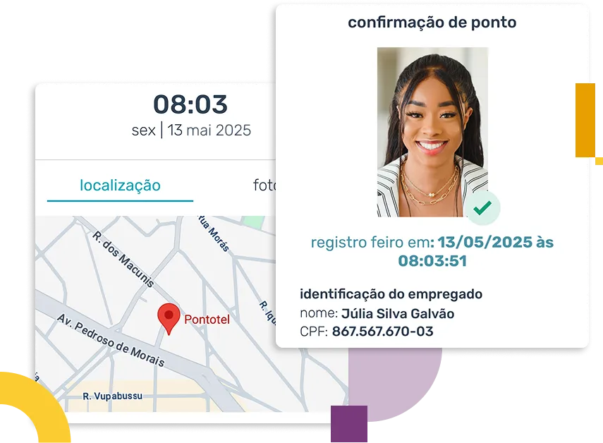 Tela de comprovante de registro de ponto com geolocalização da Pontotel