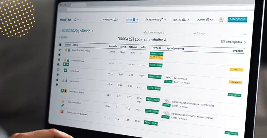 tela de computador que mostra o sistema pontotel na parte de folha de ponto 