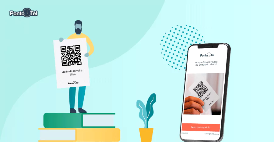 imagem que tem duas ilustrações sendo um homem segurando um QR CODE apontando para um celular