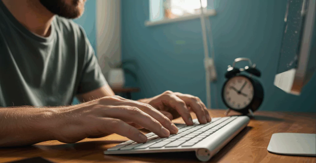 Homem digitando em teclado, em escritório home office