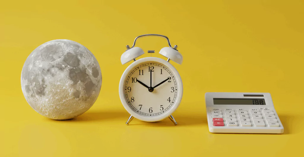 Lua, relógio e calculadora remetem ao cálculo do adicional noturno.
