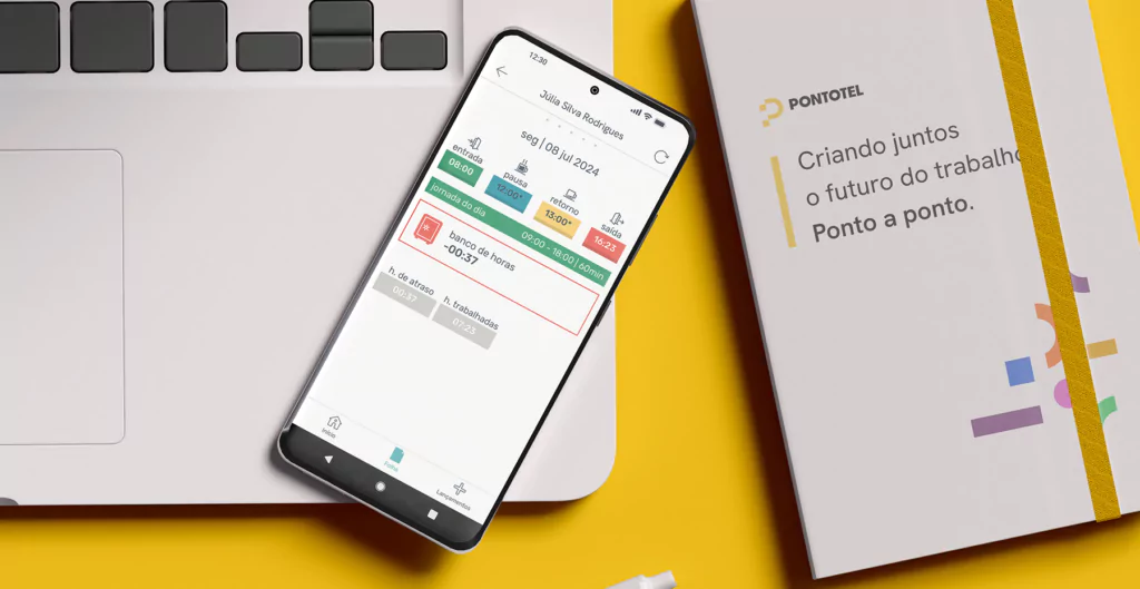 Aplicativo de controle de ponto exibido em smartphone, enfatizando diferentes modalidades de registro.