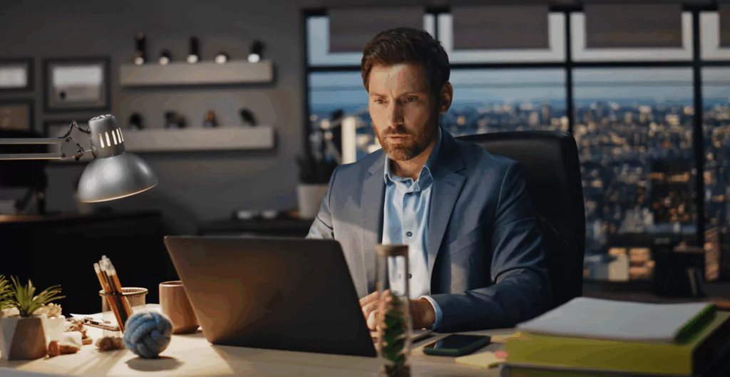 Homem sentado em mesa com notetbook e escritório ao fundo