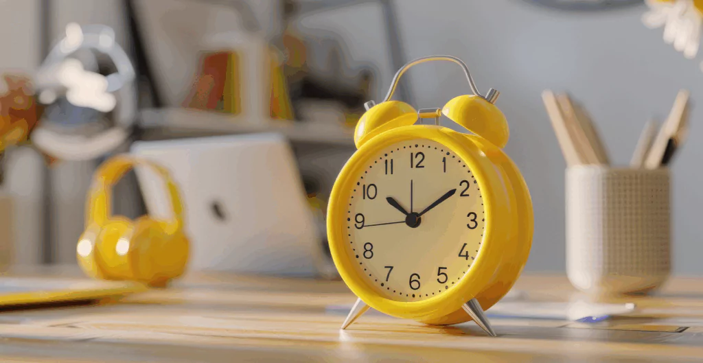 Relógio tipo despertado amarelo sobre uma mesa com notebook e fones ao fundo