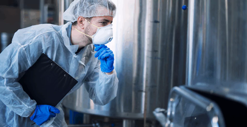 Homem usando roupas de segurança, com luvas, mascaras, touca e jaleco 