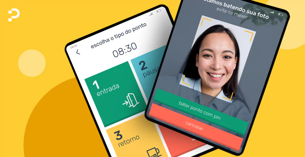 Imagem do aplicativo de ponto da Pontotel com interface moderna, mostrando opções de entrada, pausa e retorno, destacando uma foto da usuária.