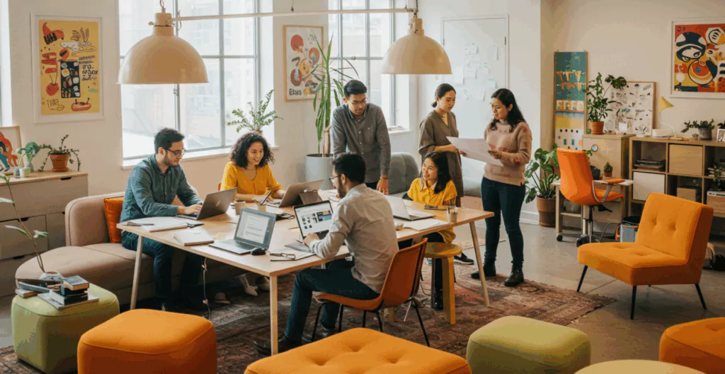 Reunião de equipe em um espaço moderno de coworking com designers e profissionais discutindo projetos.