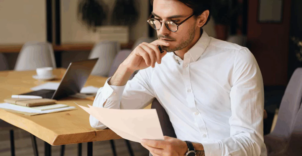 Homem segurando uma advertência com escritório ao fundo  