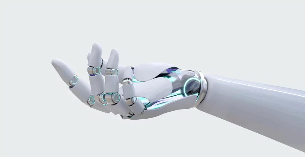 Robô futurista com design avançado de inteligência artificial, destacando a mão mecânica e detalhes tecnológicos em uma estética moderna e inovadora