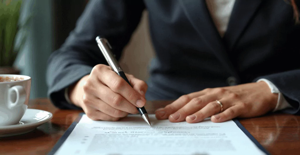 Pessoa assinando um documento importante em uma reunião de negócios ou assinatura de contrato, transmitindo profissionalismo e formalidade.