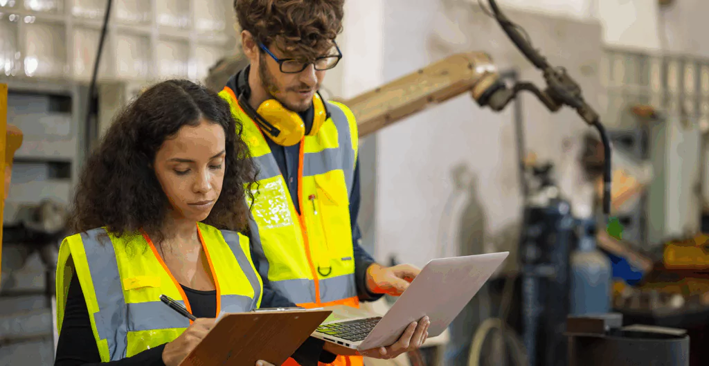 Homem e mulher usando roupas de segurança em uma fábrica ou industrial, analisando documentos e dados operacionais.