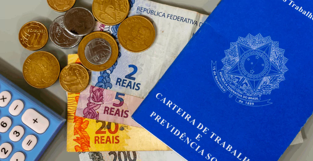 Notas de reais, moedas, calculadora e uma carteira de trabalho brasileira