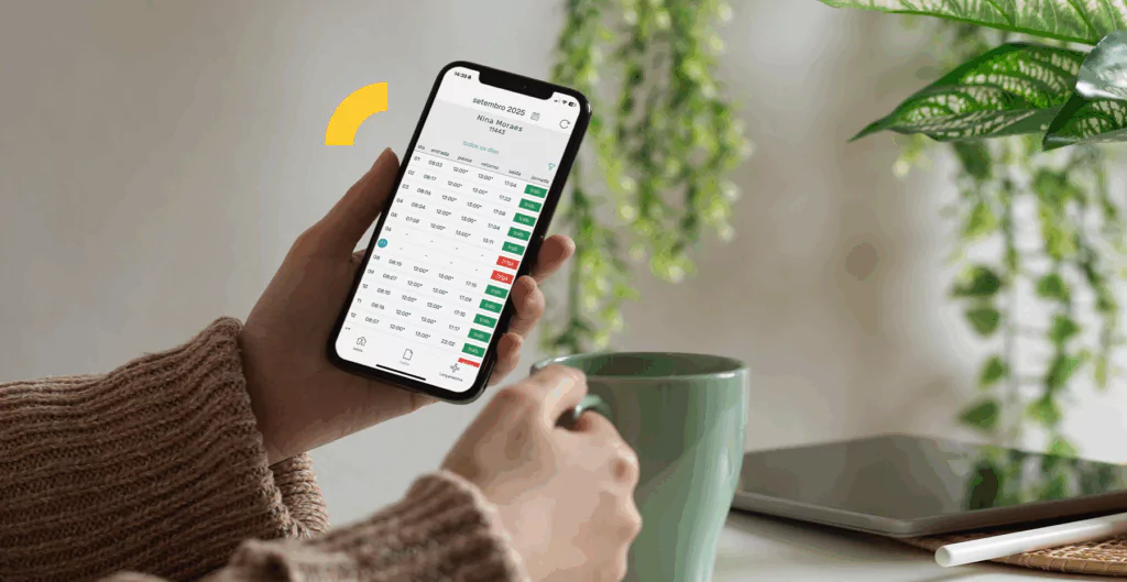 Pessoa segurando um smartphone com o aplicativo Pontotel aberto, ao lado de um café e um ambiente com plantas verdes.