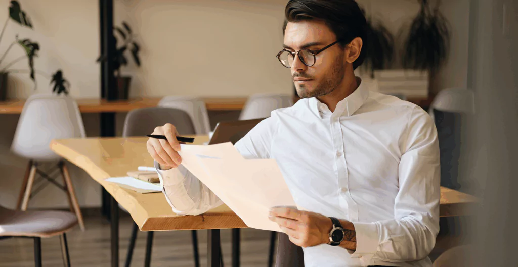 Homem com roupas sociais, analisando documentos 