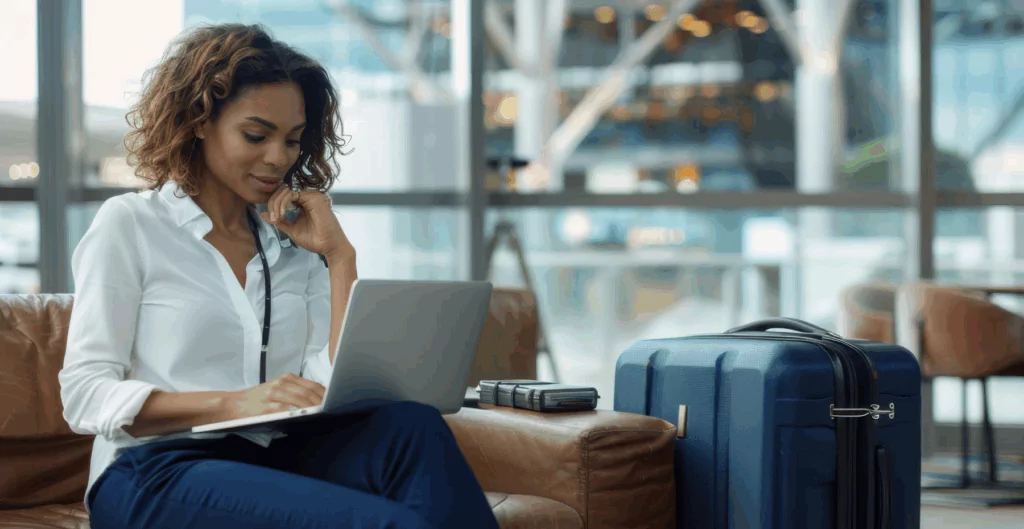 Mulher de negócios descansando em espaço moderno de aeroporto, usando laptop e com mala de viagem ao lado, representando viagem de negócios.