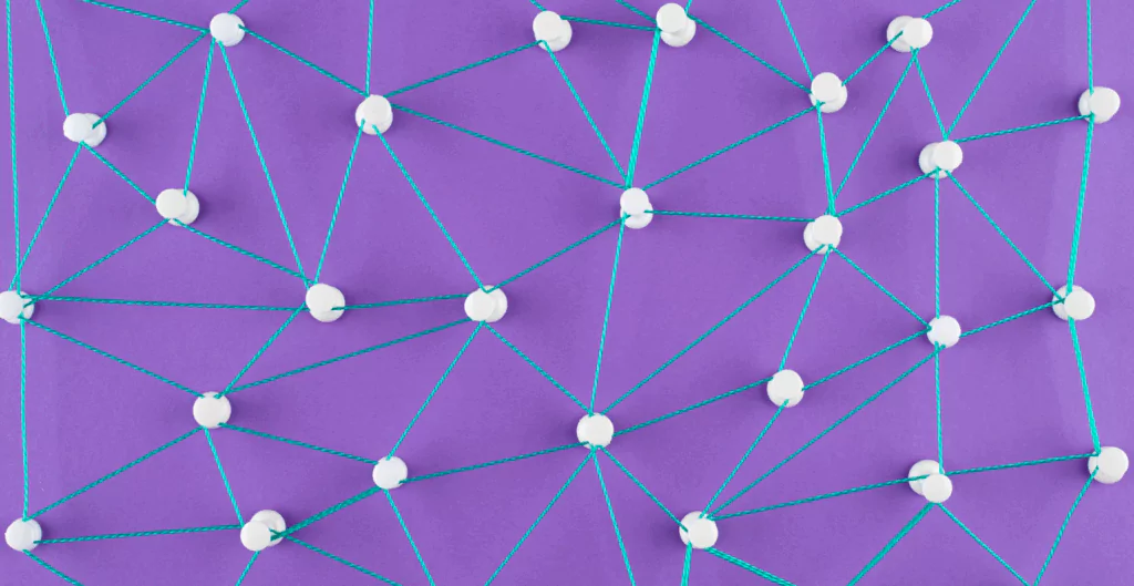 Quadro, com fundo roxo, de pinos ligados por linhas