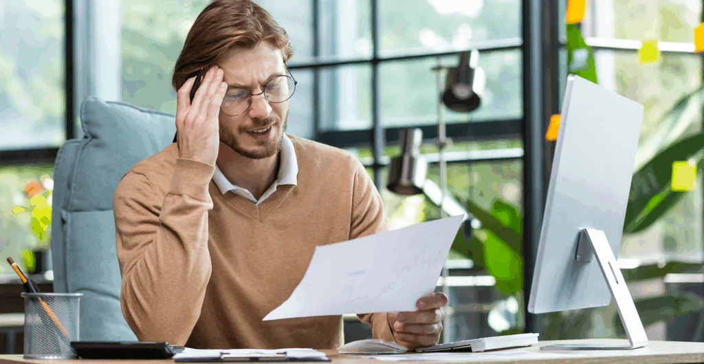 Homem em escritório segurando papel e com feição de irritação
