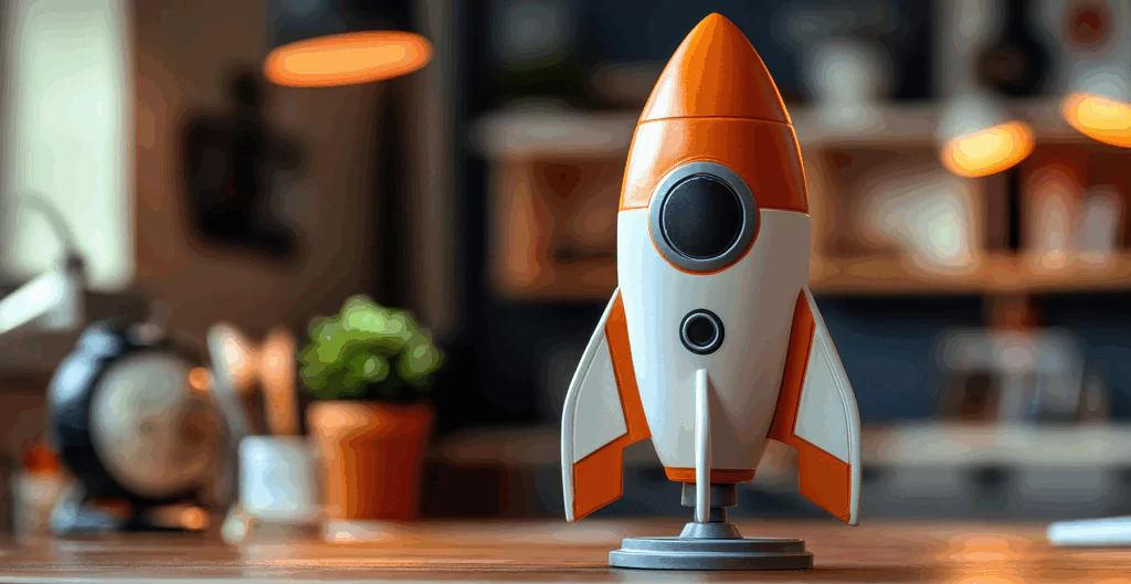 Foguete de brinquedo laranja e branco em destaque sobre uma mesa de madeira, ambiente de escritório ou espaço de trabalho bem iluminado ao fundo.