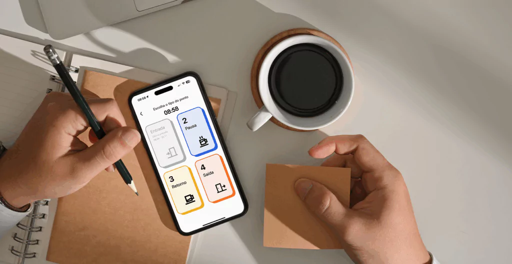 Celular com imagem do sistema da Pontotel sobre uma mesa com xícara e cadernos ao lado