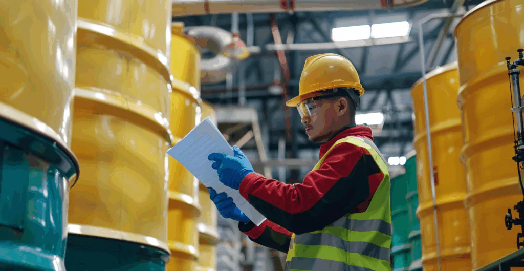 Profissional com EPI analisando documento entre tambores industriais, ilustrando a execução do PPRA no controle de agentes químicos e na gestão de riscos ocupacionais.