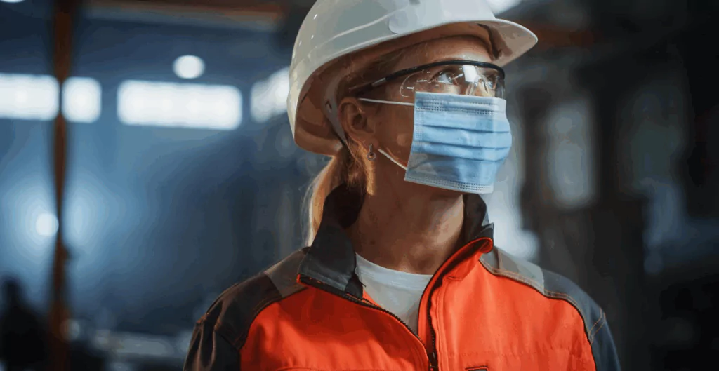 Trabalhadora com capacete, óculos e máscara em ambiente fabril, simbolizando a importância do PPRA para proteção da saúde, segurança no trabalho e prevenção de acidentes.
