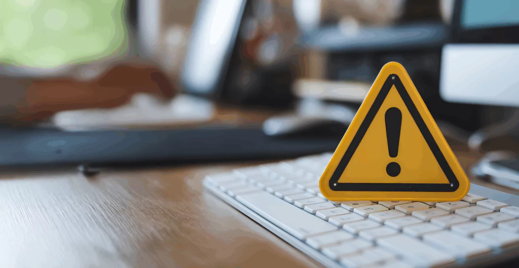 Sinal de alerta em formato triangular com ponto de exclamação amarelo na mesa de escritório, indicando atenção ou risco em ambiente de trabalho.