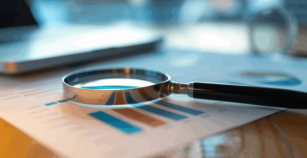 Lupa sobre gráfico de barras e documento com dados, simbolizando análise detalhada de informações financeiras ou de negócios.