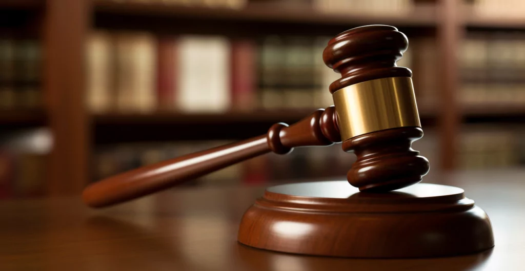 Martelo de juiz de madeira posicionado em frente a uma estante de livros jurídicos desfocada.
