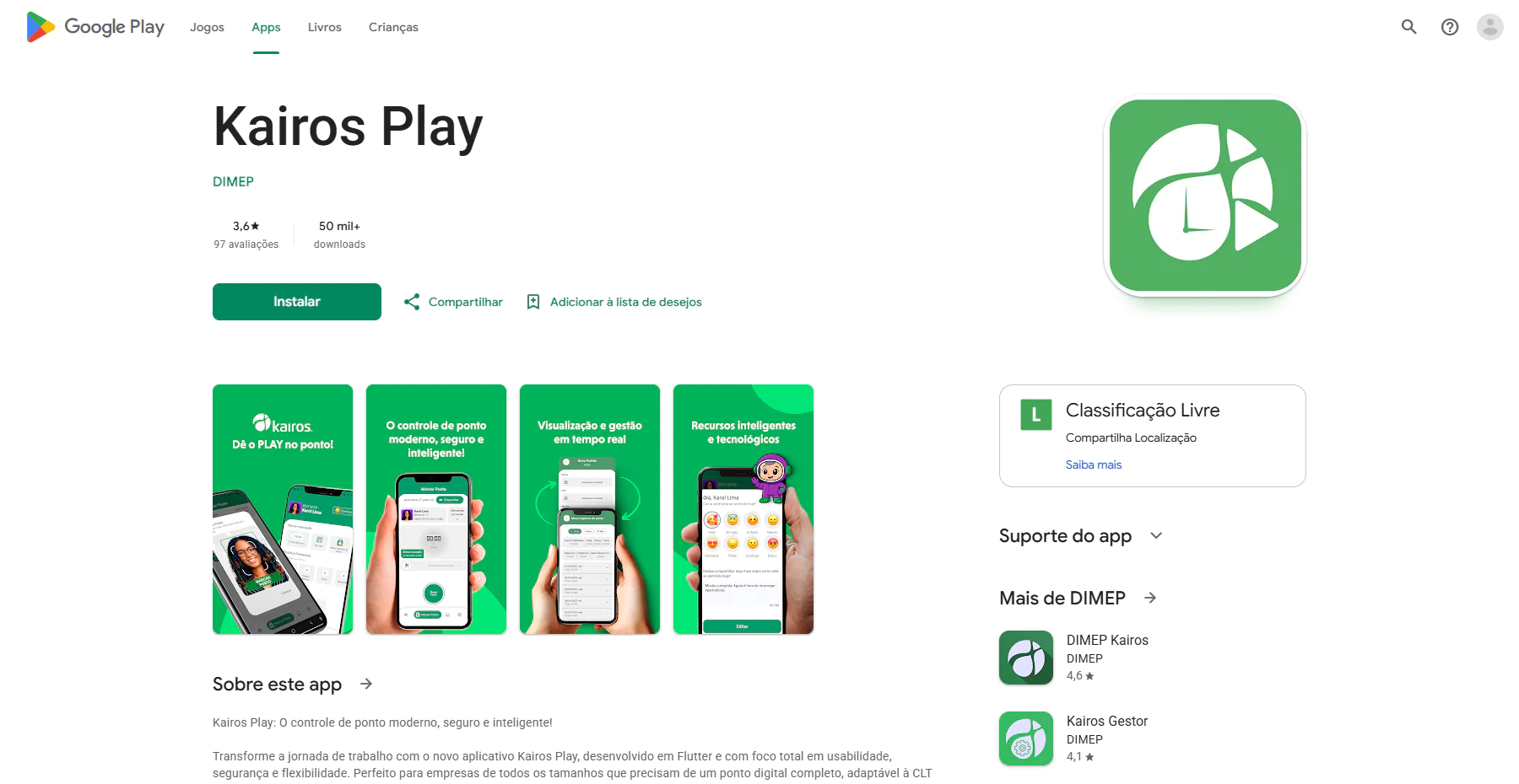 Tela do app Kairos Play na Google Play Store