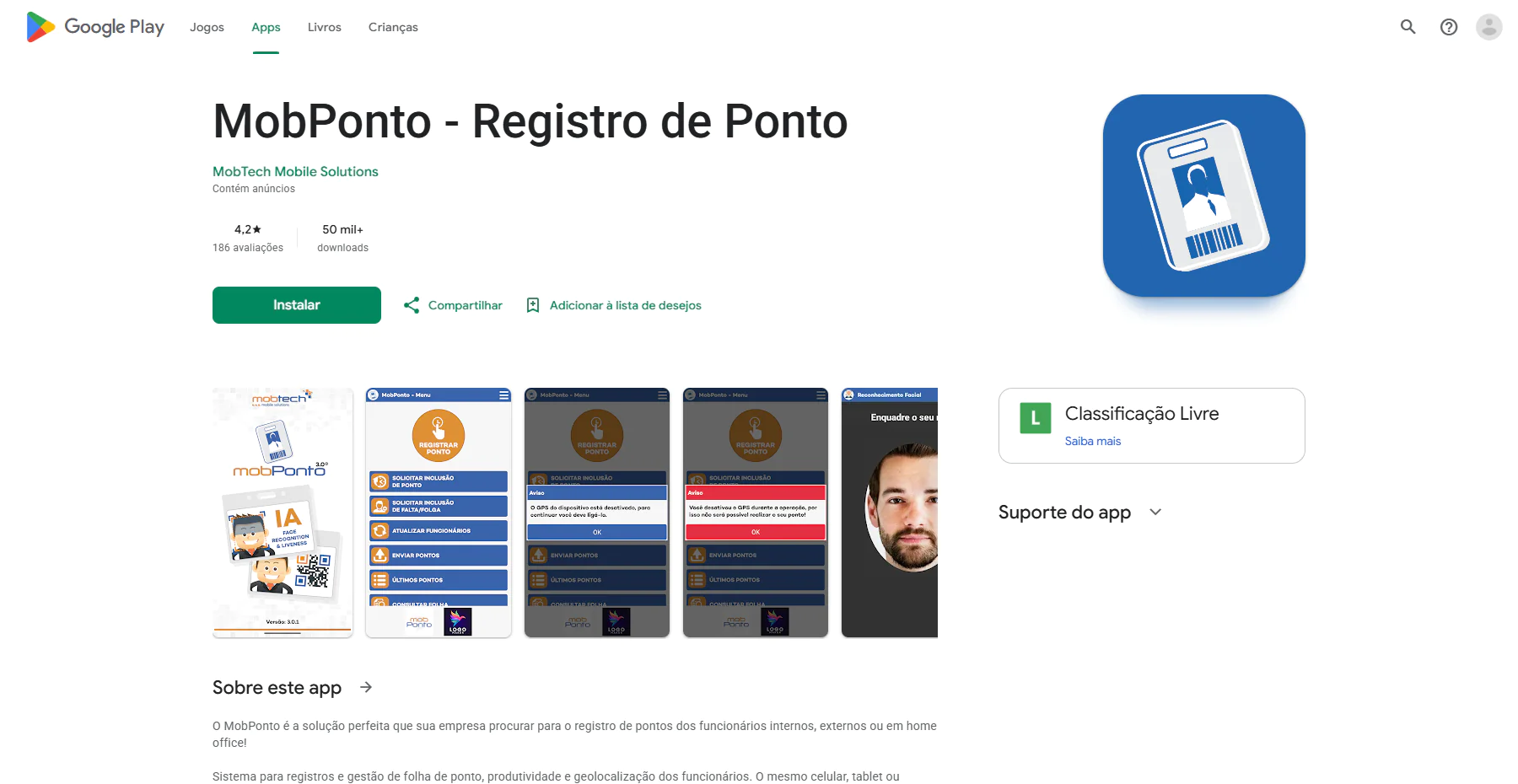 Tela do app MobPonto Registro de Ponto na Google Play Store