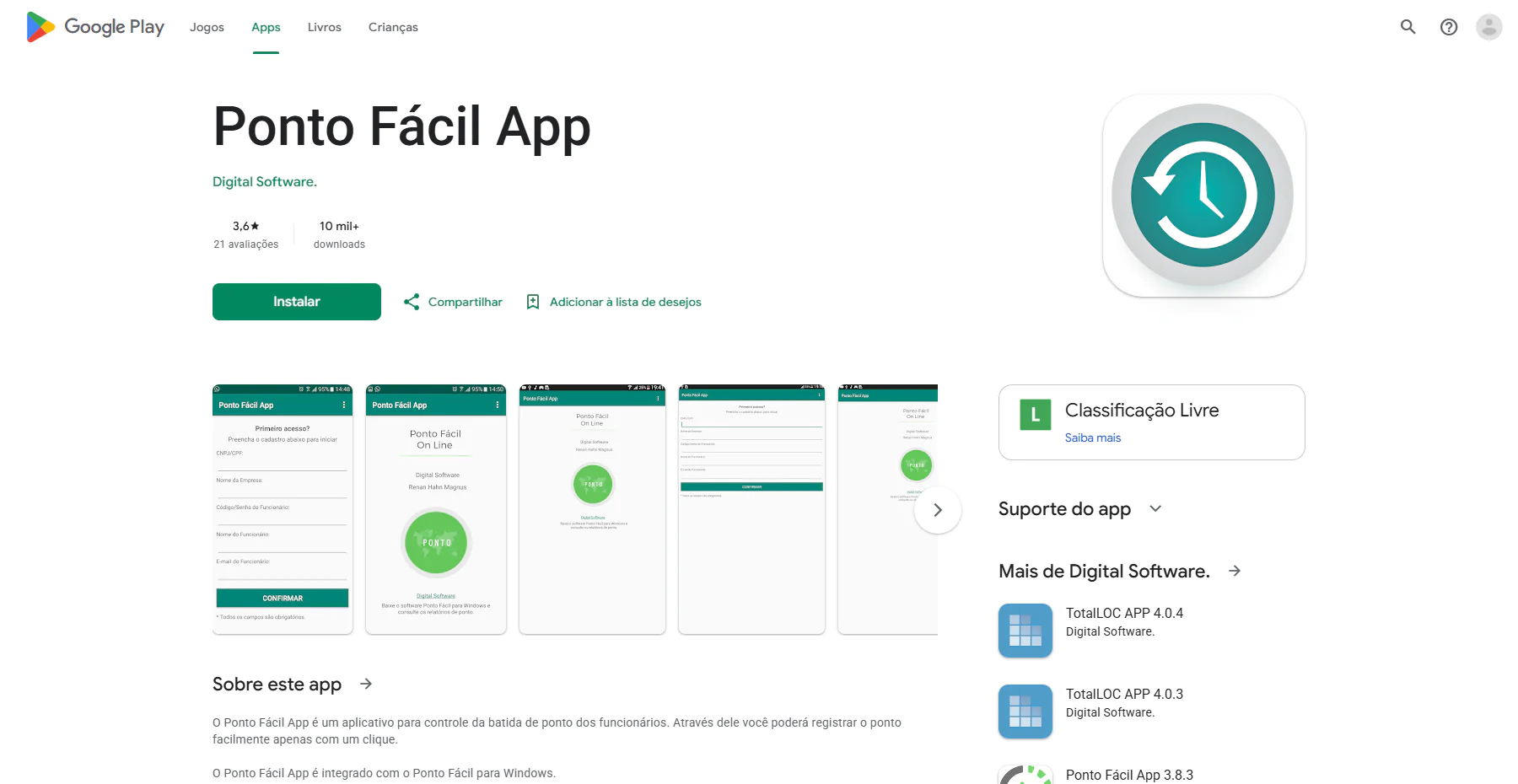 Tela do app Ponto Fácil na Google Play Store