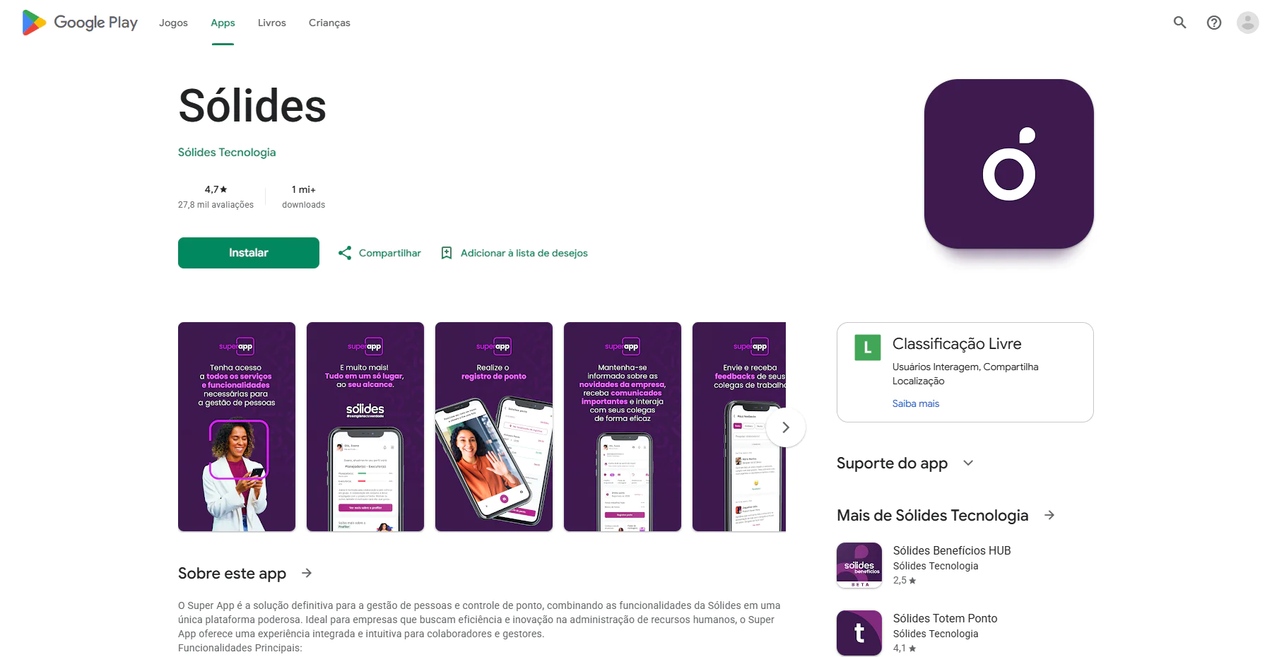 Tela do app Sólides na Google Play Store