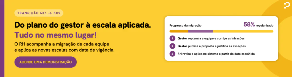 Banner: transição 6x1 para 5x2, do plano do gestor à escala aplicada pelo RH no mesmo lugar. Agende uma demonstração