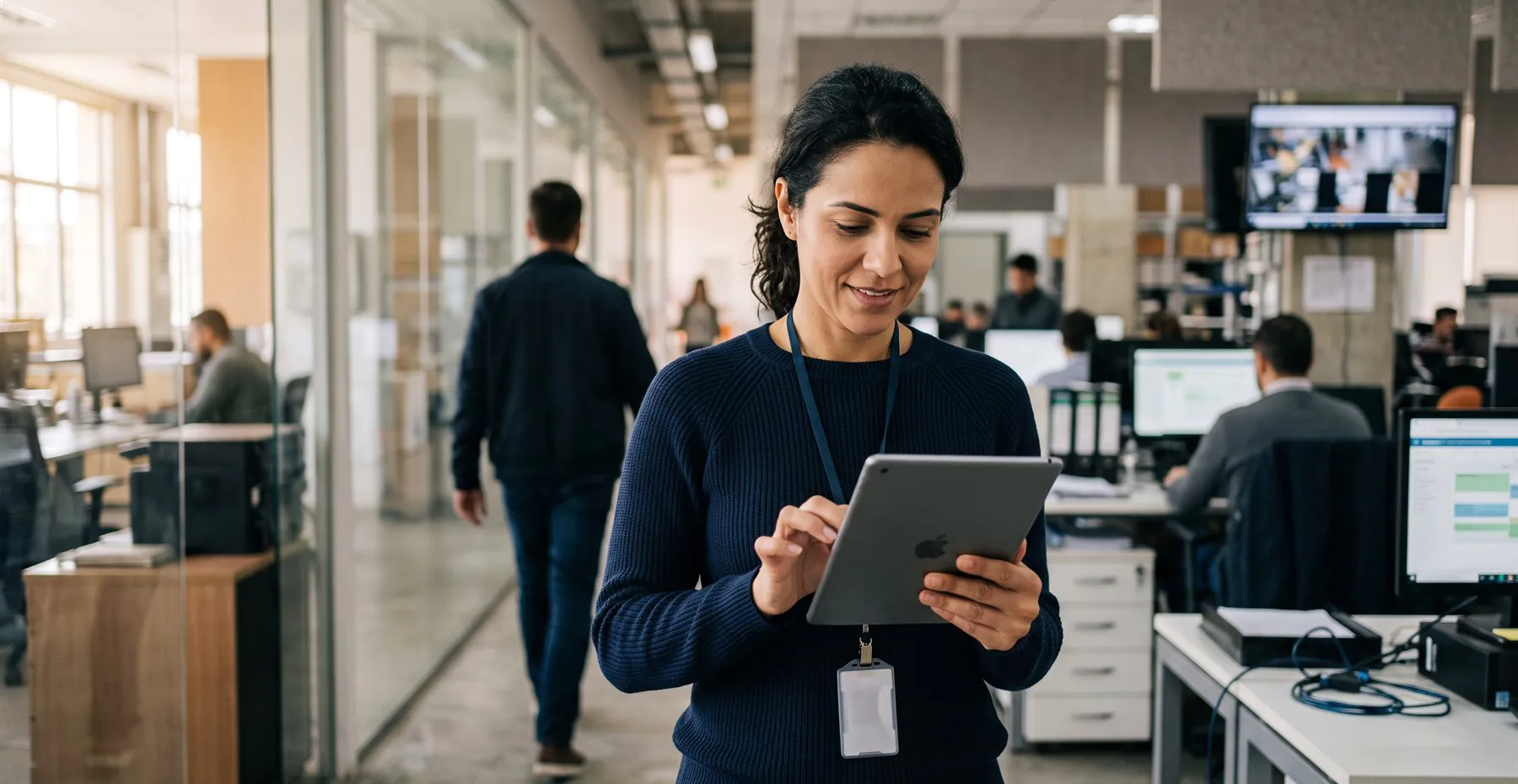 Profissional consulta a escala de trabalho 12x36 em um tablet durante troca de turno
