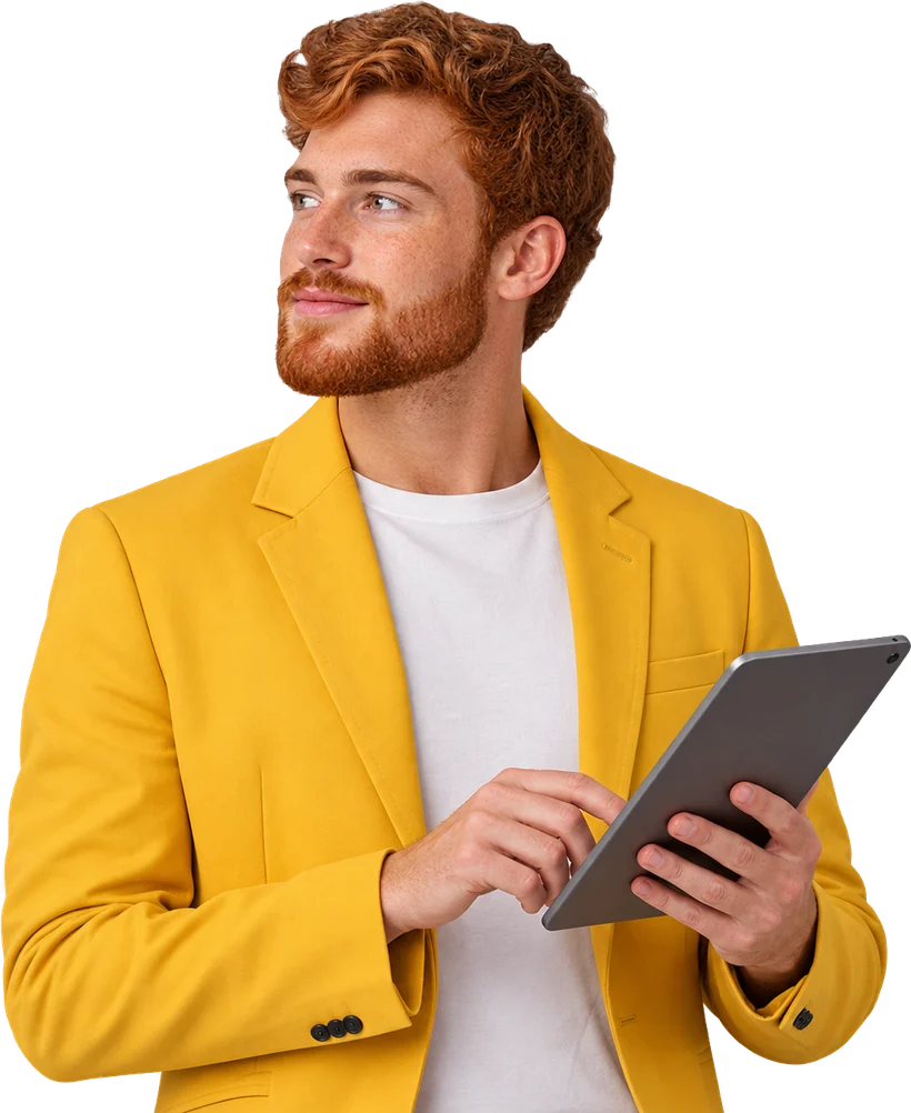 Homem de blazer amarelo consultando a Pontotel no tablet