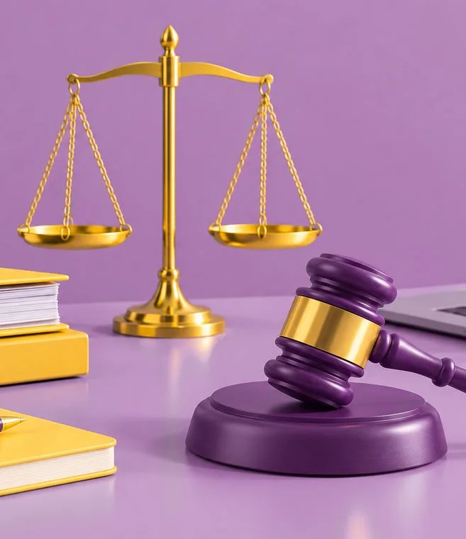 Balança da justiça e martelo de juiz sobre uma mesa, em tons de roxo e dourado