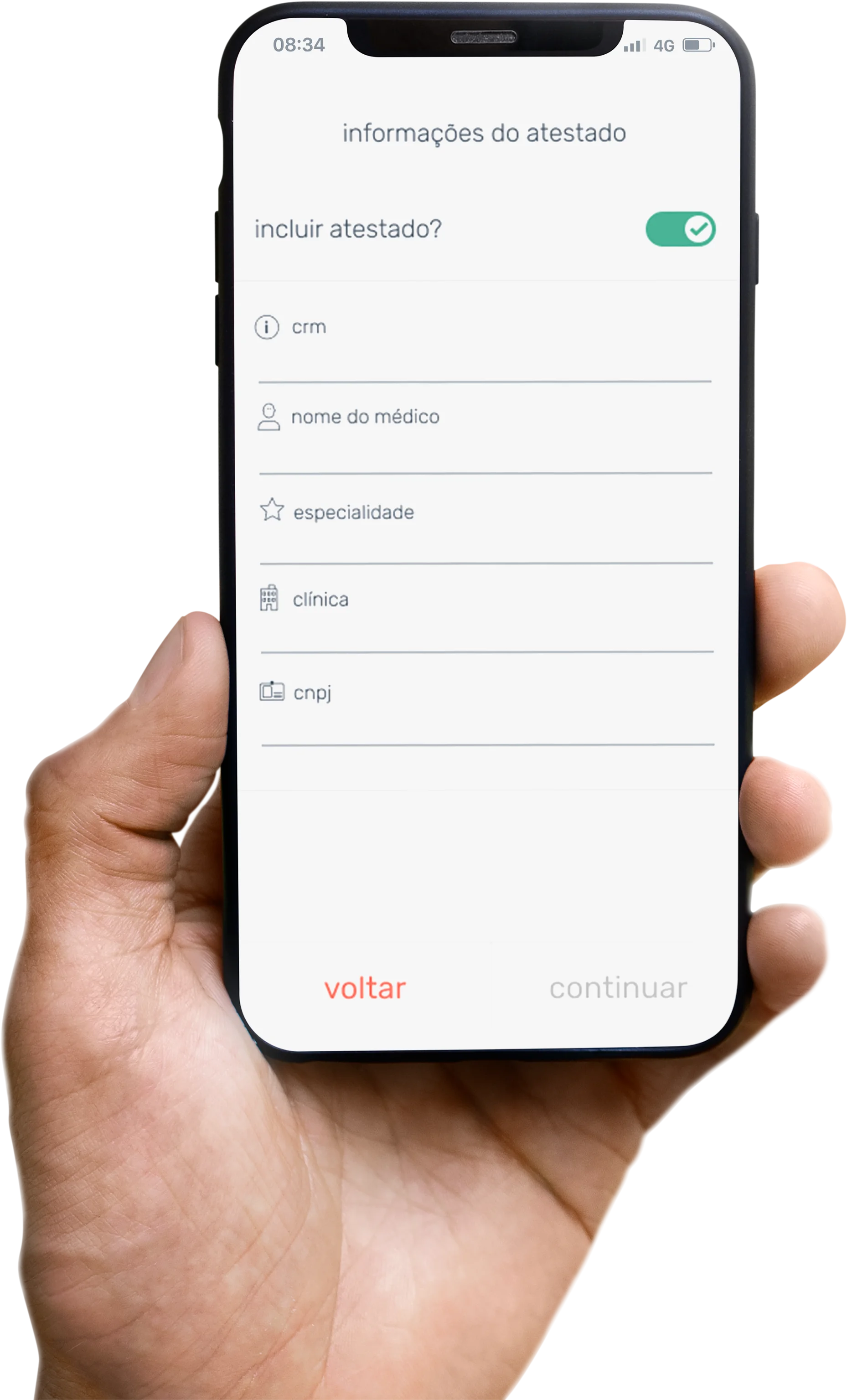 Tela do app do colaborador para lançar atestado médico — formulário com CRM, especialidade e clínica