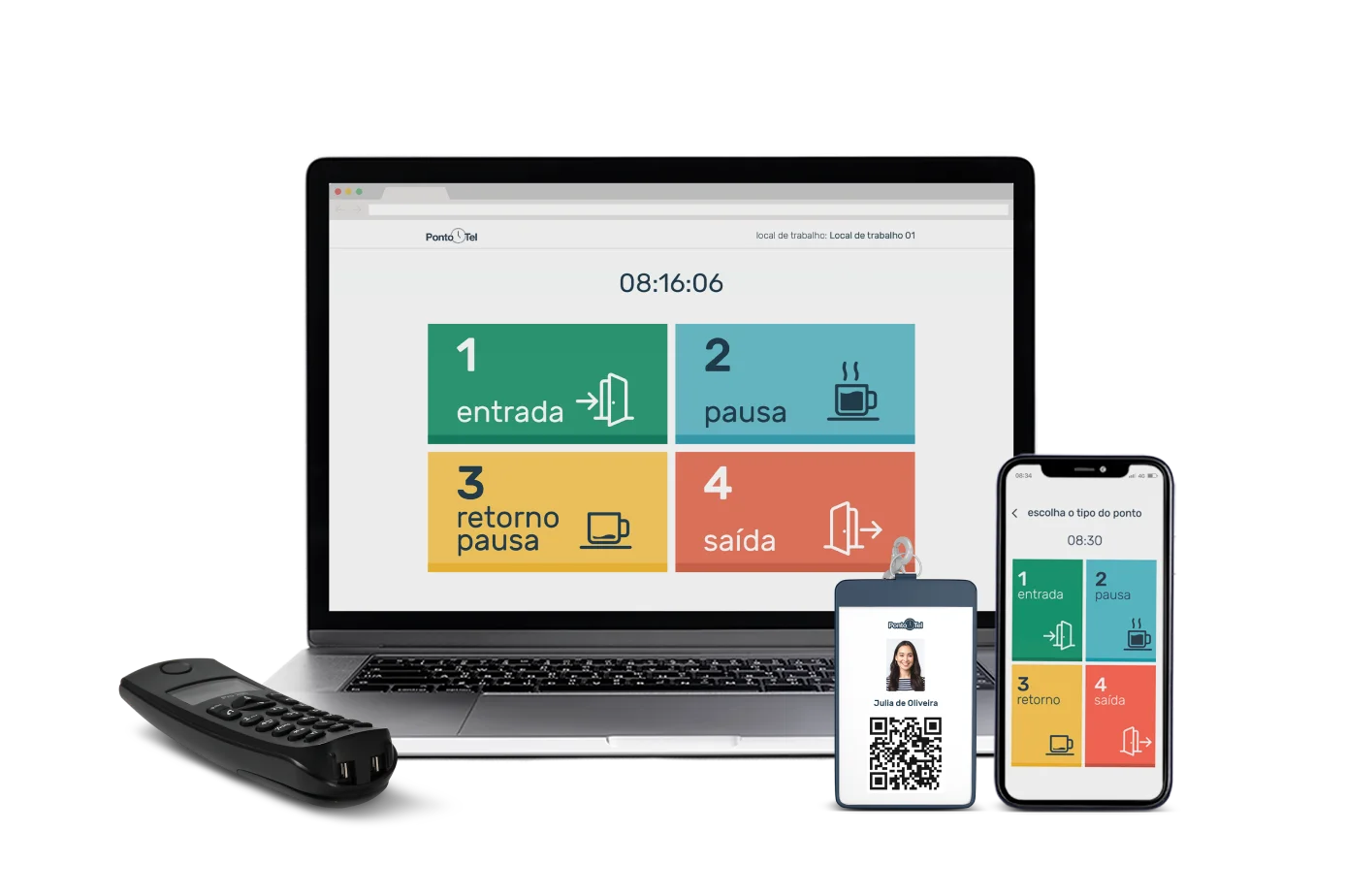 Mockup multi-dispositivo: notebook, celular, relógio de ponto e crachá QR — mesmo registro de ponto em qualquer canal