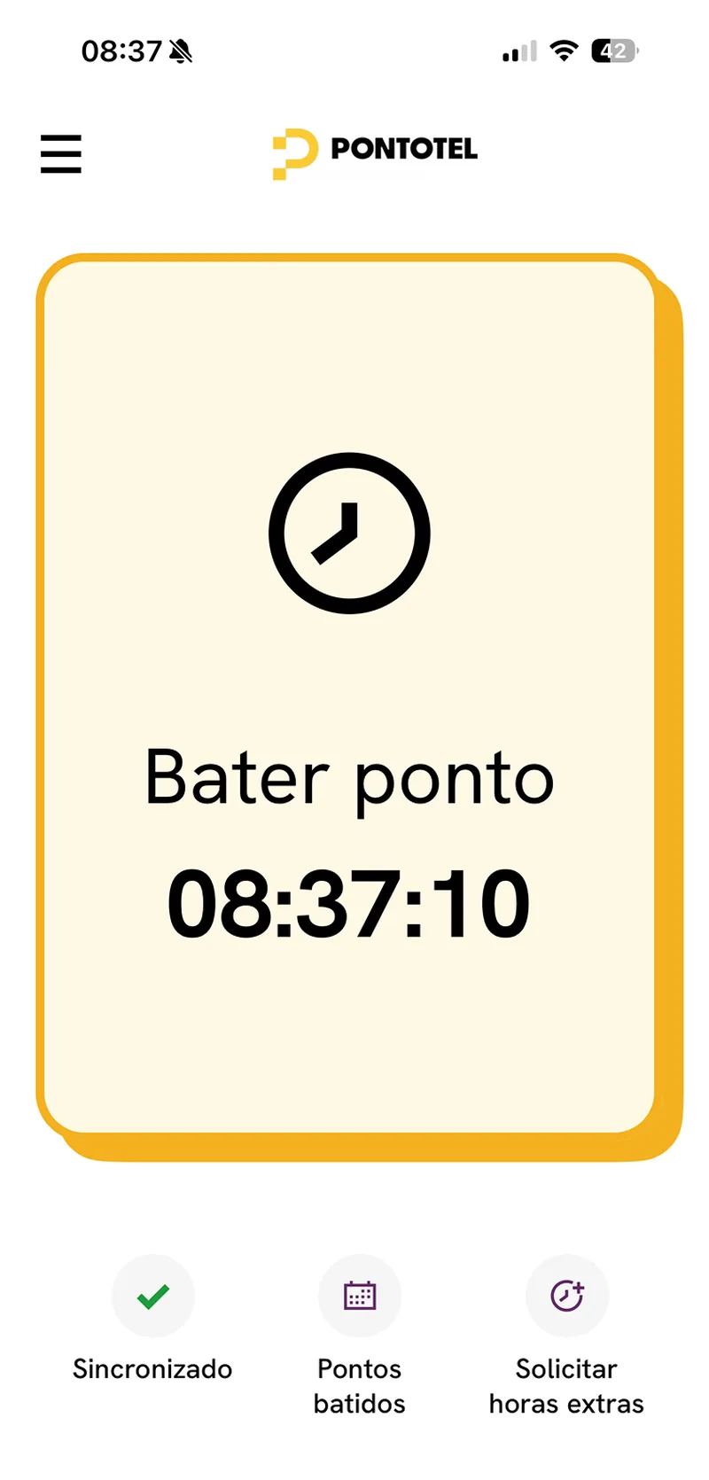 App ponto eletrônico Pontotel — sequência de bater ponto pelo celular: seleção, reconhecimento facial e comprovante