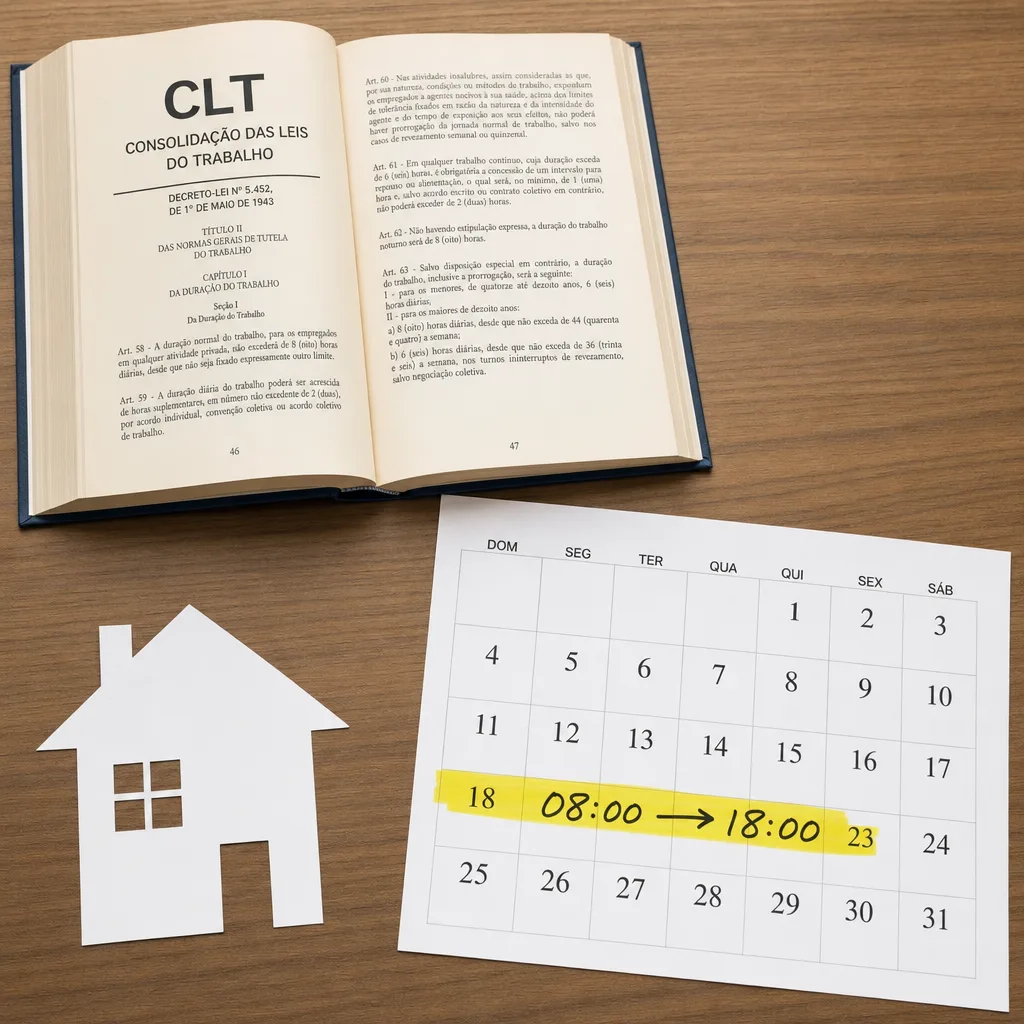 Composição: calendário com jornada 8h–18h marcada, livro da CLT/Lei 14.442 aberto e ícone home — teletrabalho por jornada exige ponto