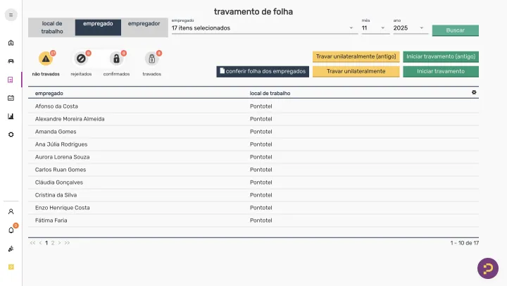 Tela de configuração de regras e travamento de folha no Pontotel