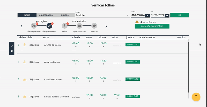 GIF mostrando verificação e fechamento de folhas no Pontotel